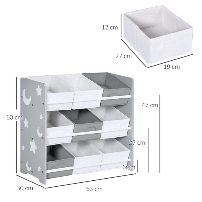 9-Bin Kids Storage Organizer - Removable Baskets and Bookshelf Combo for Nursery & Playroom - Space-Saving Toy Box and Shelving Unit in Grey