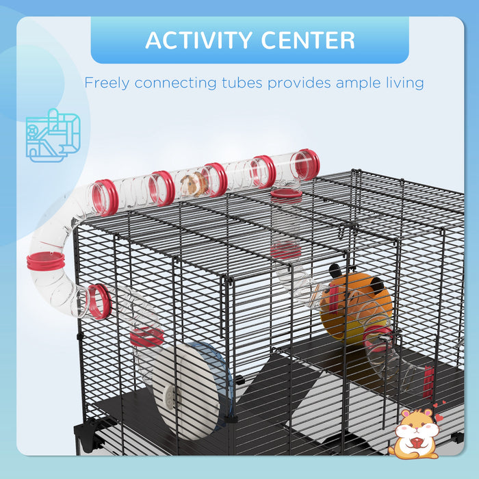 Dwarf Hamster & Gerbil Cage with Deep Glass Base - Includes Tunnels, Cozy Hut, and Exercise Wheel for Small Pet Enrichment - Spacious 60x40x57 cm Habitat for Rodent Comfort