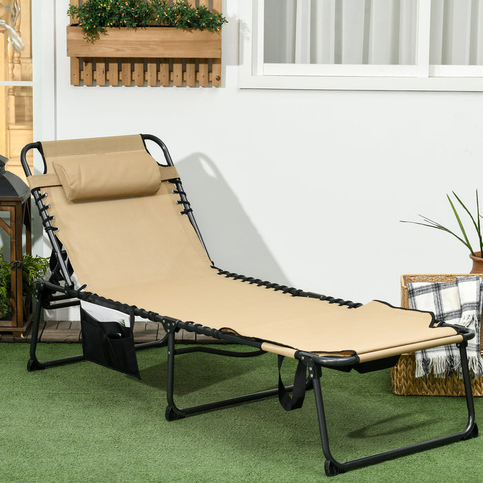 Outdoor Tanning Chair with 5-Level Adjustable Backrest - Sun Lounge with Reading Hole, Side Pocket & Headrest - Ideal for Beach, Yard & Patio Relaxation in Beige