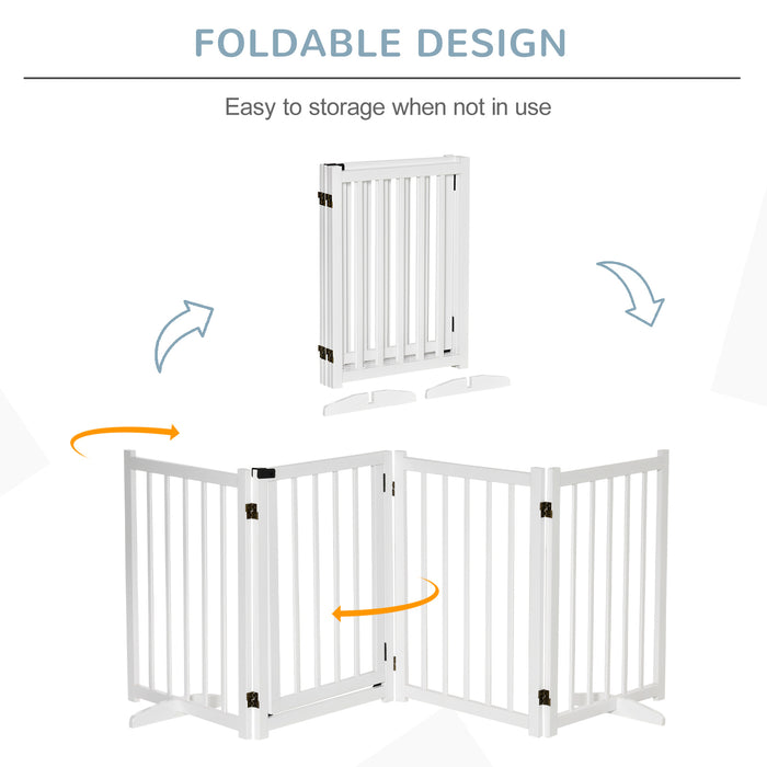 Freestanding Foldable Wooden Pet Gate for Dogs - 4-Panel Dog Safety Barrier with Support Feet, Ideal for Doorways & Stairs - Suitable for Small to Medium Breeds, White