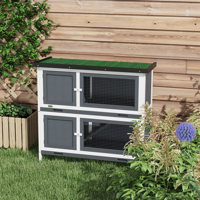 Double Decker Rabbit Hutch - 2-Tier Guinea Pig House with Sliding-Out Tray, 100x47x91cm, Grey - Ideal Outdoor Pet Cage for Small Animals