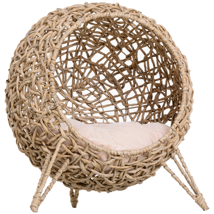 Ball-Shaped Wicker Cat Bed - Elevated Rattan Basket with Cushion & Tripod Legs - Stylish Comfort for Cats with Natural Wood Finish