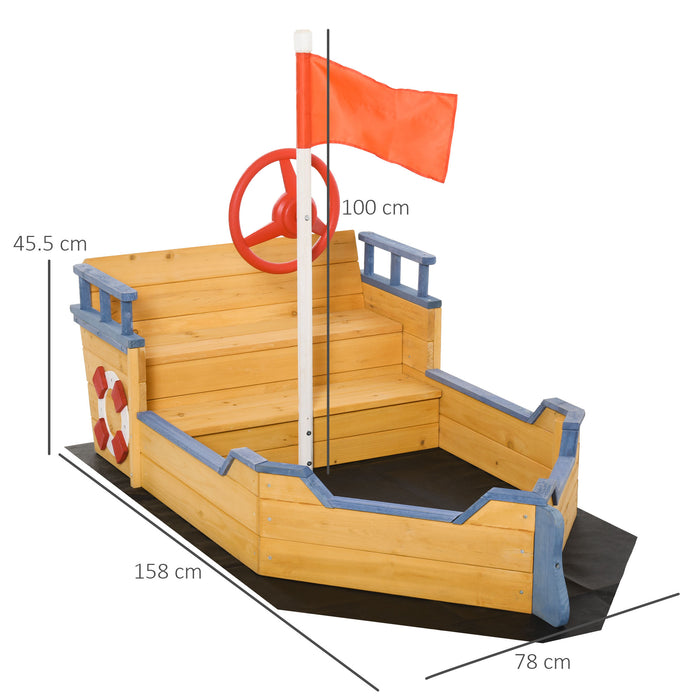 Pirate Ship Wooden Sandpit for Kids - Children's Sandbox with Bench and Bottom Liner for Outdoor Play - Backyard Adventure Play Station for Imaginative Fun