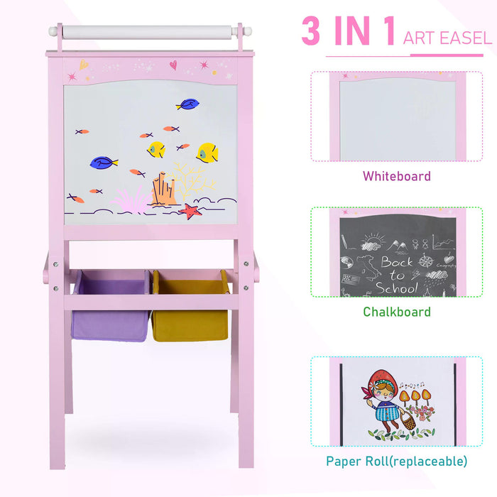 3-in-1 Kids Wooden Art Easel with Paper Roll - Double-Sided Chalkboard & Whiteboard, Storage Baskets - Creative Learning Tool for Toddler Girls 3 Years+ in Pink