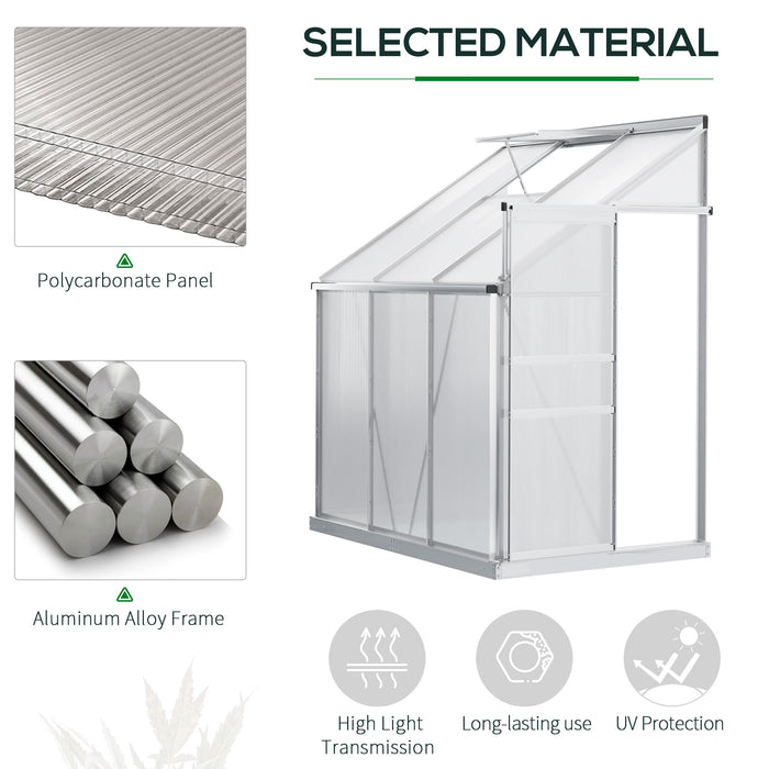 Polycarbonate Lean-to Garden Greenhouse - 6x4 ft Walk-In Structure with Adjustable Roof Vent and Sliding Door - Ideal for Urban Gardening with Limited Space