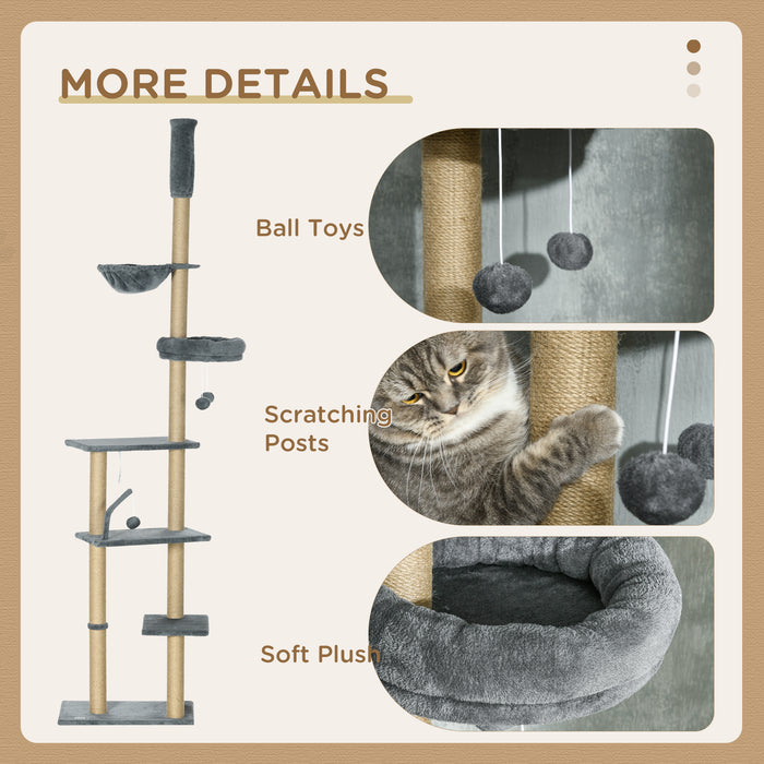 6-Tier Play Tower Climbing Activity Center - Durable Floor to Ceiling Cat Tree with Scratching Post, Hammock, Adjustable Height 230-250cm - Ideal for Feline Play and Relaxation in Grey