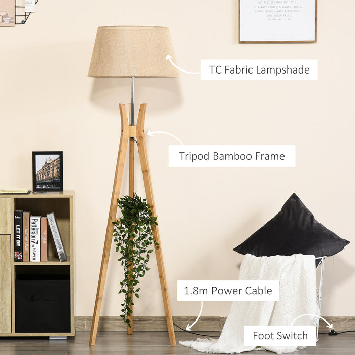 Tripod Floor Lamp with E27 Base and Shelf - Natural Wood & Beige Fabric Shade for Ambient Lighting - Ideal for Bedroom and Living Room with Convenient Foot Switch