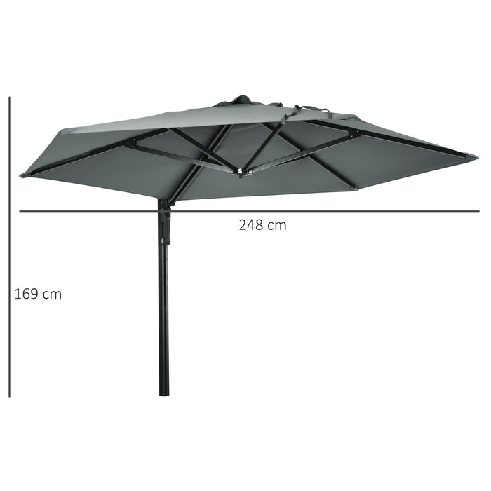Hand-Push 180° Rotatable Outdoor Patio Umbrella - Wall Mounted Parasol with Adjustable Canopy for Porch, Deck, Garden, 250cm, Grey - Ideal for Residential and Commercial Spaces