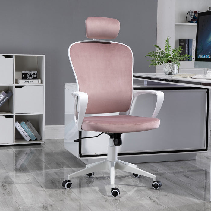 Ergonomic Velvet High-Back Chair with Rocking Feature - Home Office Computer Desk Chair with Wheels & Adjustable Headrest - Comfortable Seating for Long Working Hours, Pink