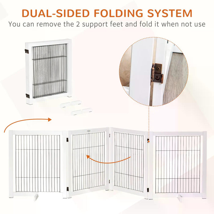 Foldable Wooden Dog Gate for Small & Medium Pets - 4 Panel Pet Fence with Support Feet - Safety Barrier for Home, Doorways & Stairs, White