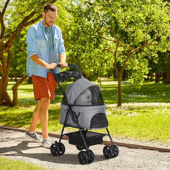 No-Zip Pet Stroller for Dogs and Cats - Travel Pushchair with One-Click Folding, EVA Wheels, Brake, and Basket - Adjustable Canopy and Safety Leash for Secure Outdoor Excursions in Grey