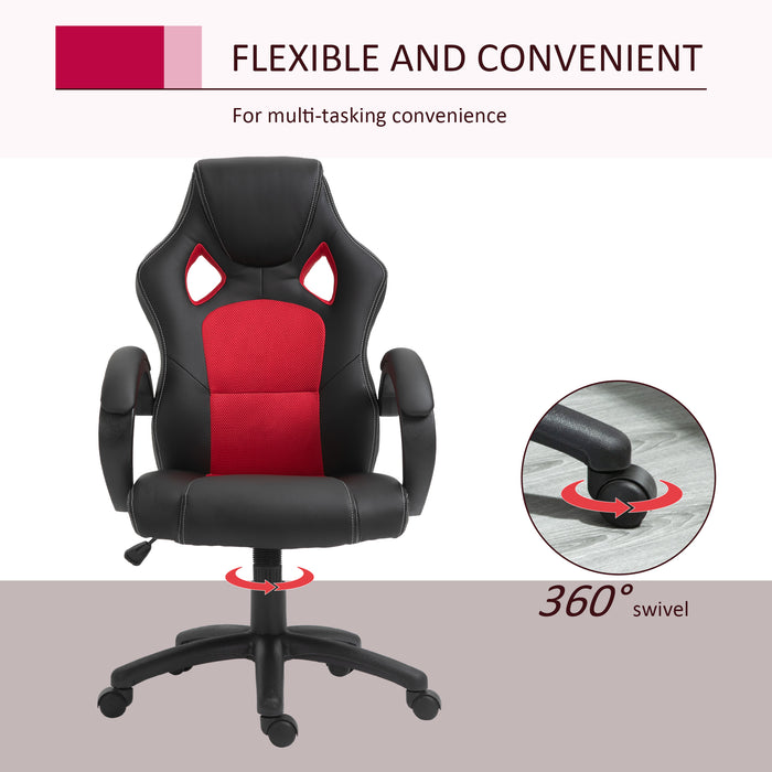 High-Back Swivel Chair - Faux Leather Home Office Desk Chair with Wheels and Armrests, Black & Red - Comfortable Seating for Work or Study