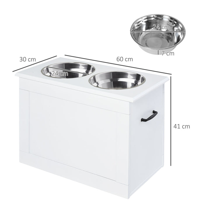 Elevated Dog Feeding Station with Storage - Includes 2 Stainless Steel Bowls, Ideal for Large Pets, White Finish - Convenient Mealtime Solution for Large Dogs
