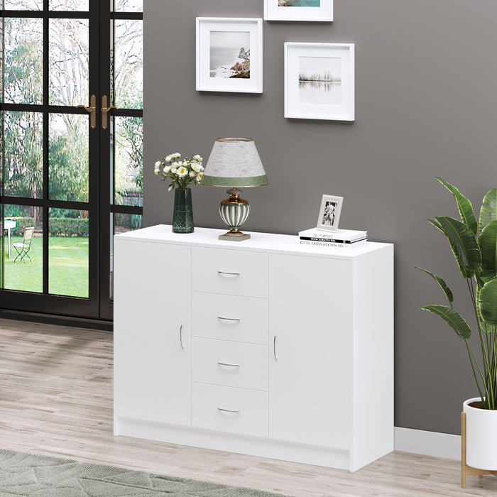 Storage Cabinet Sideboard with 2 Doors & 4 Drawers - Free Standing Cupboard & Chest Organizer for Home - Ideal for Kitchen and Living Room Organization, White