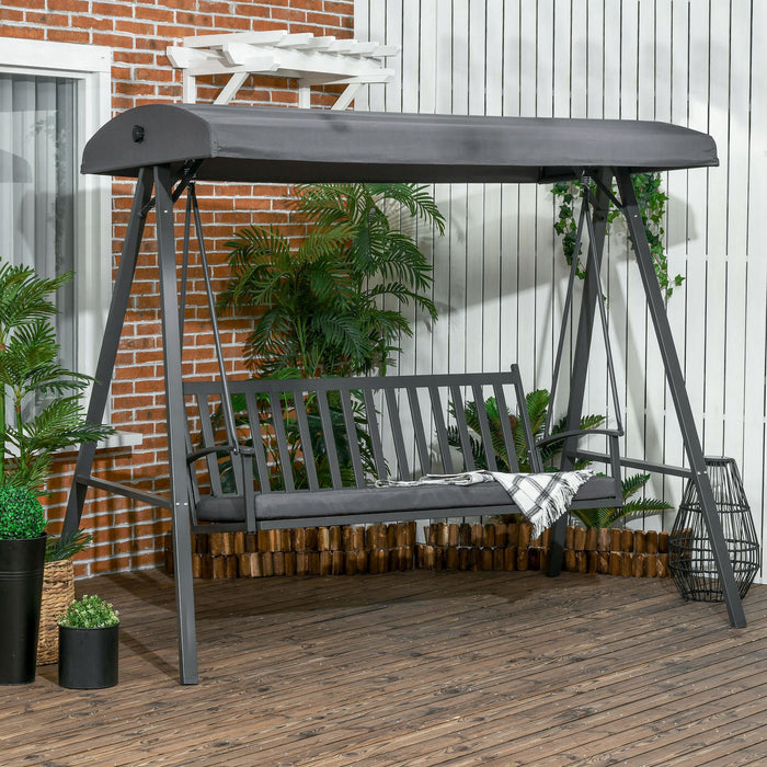 Outdoor Canopy Swing Chair with 3 Seats - Removable Cushion and Adjustable Shade, Slatted Bench Design - Ideal for Porch or Poolside Lounging, Dark Grey