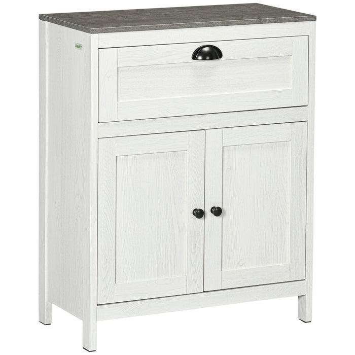 Freestanding White Bathroom Floor Cabinet with Drawer - Double Door Storage Cupboard and Adjustable Shelf - Space-Saving Organizer for Bathroom Essentials