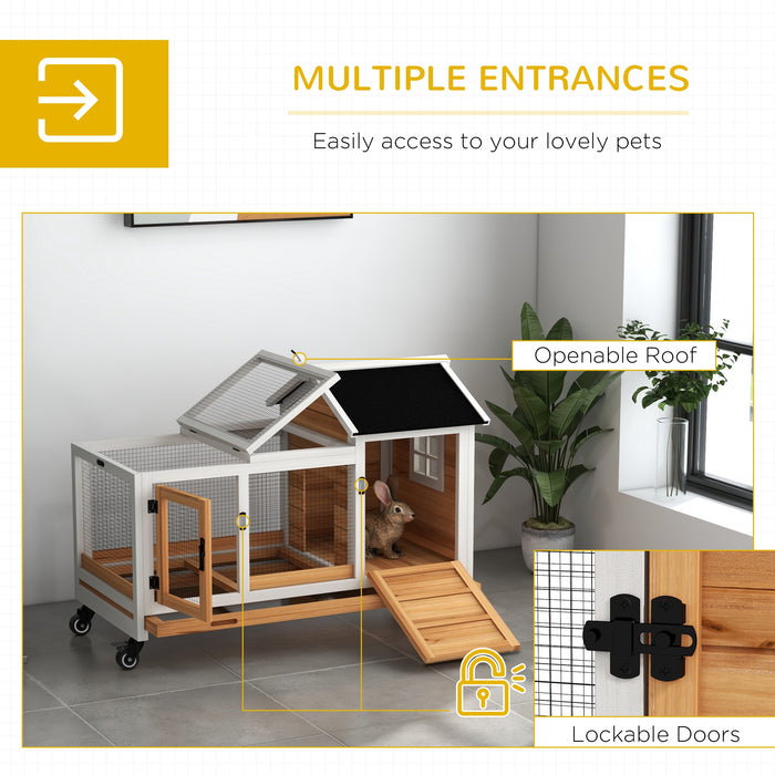 Wooden Rabbit Hutch with Wheels - Durable Guinea Pig Cage & Small Pet Home with Removable Tray - Easy Cleaning & Mobility in Bright Yellow