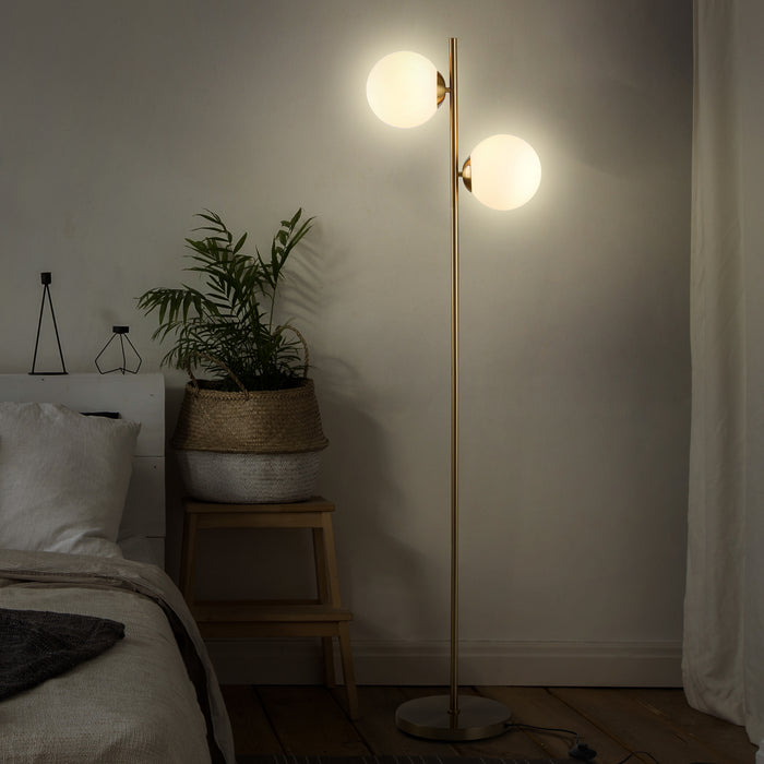Gold Floor Lamp with Dual Glass Shades - Contemporary Metal Standing Light with Convenient Floor Switch - Stylish Illumination for Home or Office Decor