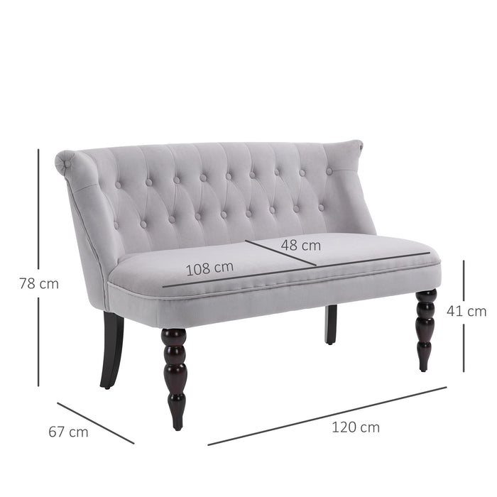 Vintage-Inspired Grey Loveseat - 2-Seat Sofa with Button Tufting and Carved Wood Legs - Elegant Couch for Compact Living Spaces