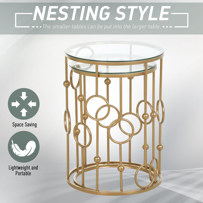 Gold Nesting Coffee Table Duo - Set of 2 Round Tables with Tempered Glass Top & Steel Frame - Elegant Space-Saving Furniture for Living Room