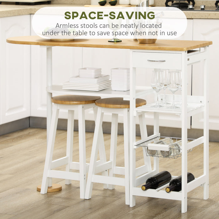 3 Piece Breakfast Bar Set with Storage - Kitchen Table, Stools, Shelf, Drawer, Basket & Wine Rack - Space-Saving Dining Solution for Small Spaces