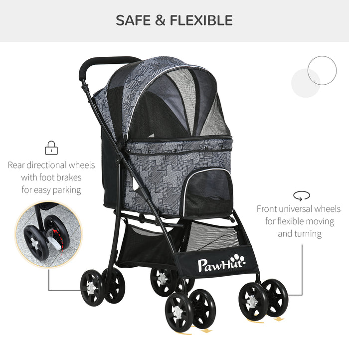 Foldable Pet Stroller for XS & S Pets - Dog & Cat Travel Pushchair with Brake Canopy & Universal Wheels - Portable Carrier for Safe Pet Outings, Grey