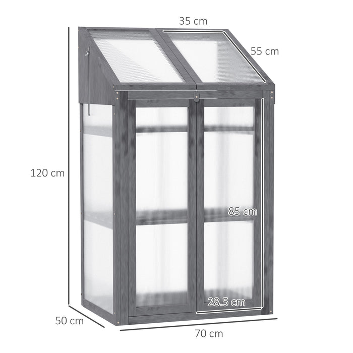 3-Tier Wooden Cold Frame Greenhouse - Polycarbonate Glazed Grow House with Openable Lid, 70x50x120cm, Grey - Ideal for Extending Growing Seasons