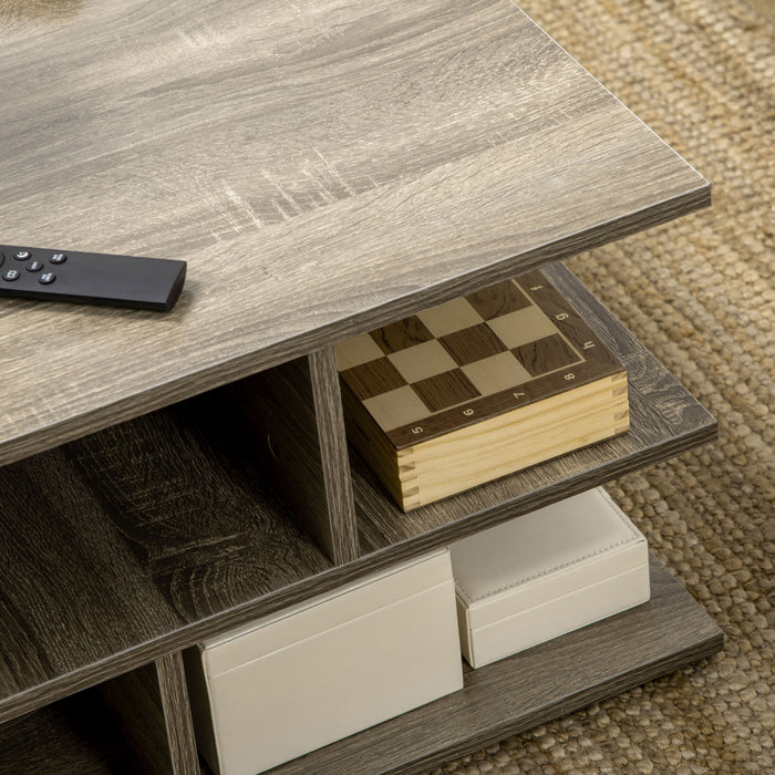 Modern Grey Square Coffee Table - Living Room Cocktail Furniture with Multiple Storage Shelves - Stylish Space-Saving Design for Contemporary Homes