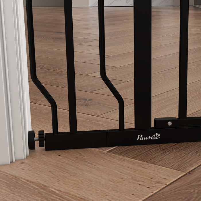 Extra-Wide Adjustable Dog Safety Gate with Walk-Through Door - Pressure Mount for Doorways, Hallways, Staircases - Pet Barrier for Home Safety, Black
