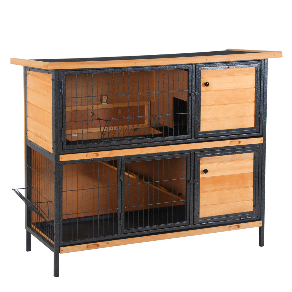 Wooden Rabbit Hutch with Metal Frame - 2-Floor Bunny Cage, Slide-Out Tray, Feeding Trough, Ramp, Lockable Door, Openable Roof - Ideal for Small Pet Housing and Care