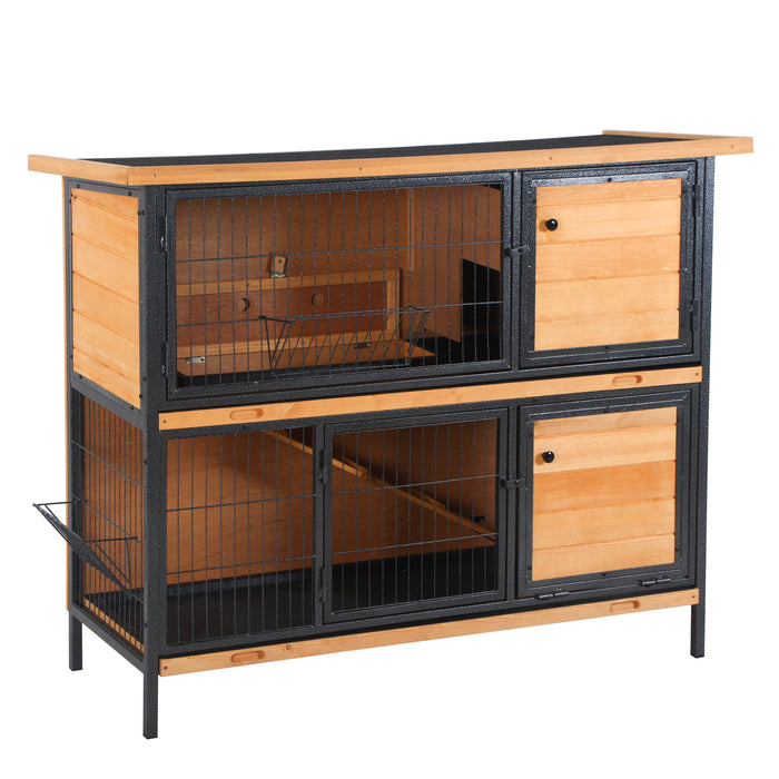 Wooden Rabbit Hutch with Metal Frame - 2-Floor Bunny Cage, Slide-Out Tray, Feeding Trough, Ramp, Lockable Door, Openable Roof - Ideal for Small Pet Housing and Care