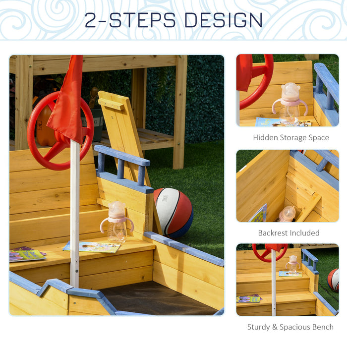Pirate Ship Wooden Sandpit for Kids - Children's Sandbox with Bench and Bottom Liner for Outdoor Play - Backyard Adventure Play Station for Imaginative Fun