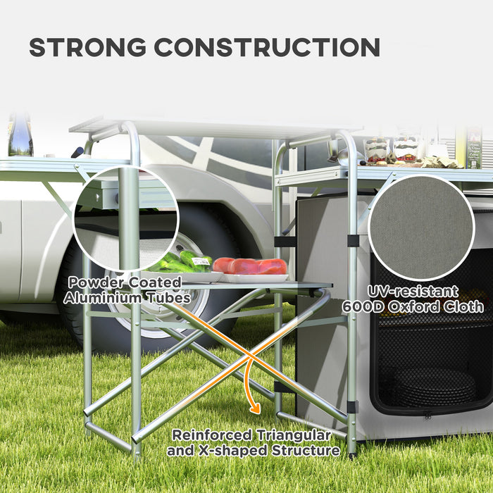 Folding Camping Kitchen Station with Storage - Aluminum Picnic Table with Windshield & Light Stand - Portable BBQ Setup with Carry Bag for Outdoor Enthusiasts