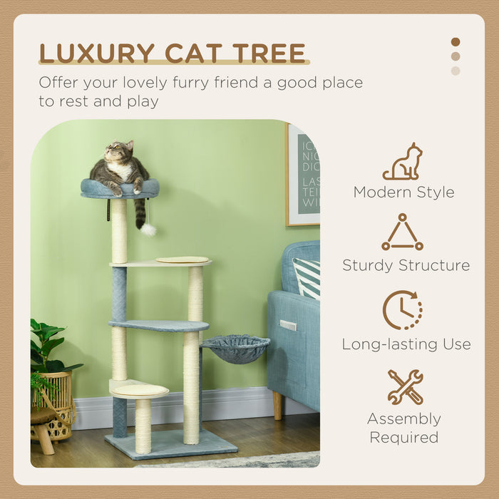 Cat Tree with Scratching Posts and Hammock - 118.5cm Multi-Level Activity Tower for Felines - Includes Cat Bed, Mats, and Ball Toy for Indoor Cats