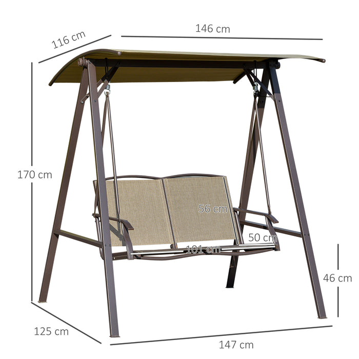 2 Seater Garden Swing Chair - Outdoor Canopy Bench with Adjustable Sunshade and Sturdy Metal Frame, Brown - Ideal for Patio Relaxation and Comfort