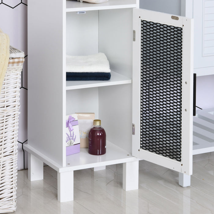 6-Tier Retro Bathroom Cabinet with Patterned Glass Doors - Anti-Tilt Design, Melamine Finish, Freestanding Storage - Chic Monochrome Tall Tower for Bathroom Organization