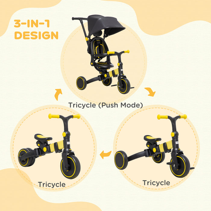 Kids 3-in-1 Aluminum Tricycle - Adjustable Push Handle, Sun Canopy, Reclining Seat - Ideal for Toddlers 18 to 48 Months, Bright Yellow