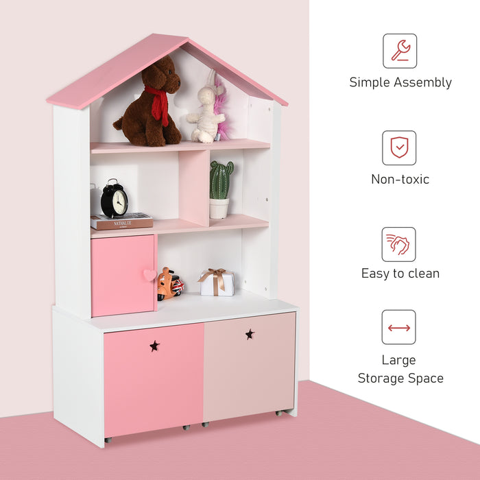 Kids Toy Storage and Bookshelf with Drawer - Rolling Wooden Organizer and Display Stand, 80x34x130cm, Pink - Ideal for Child's Room Organization