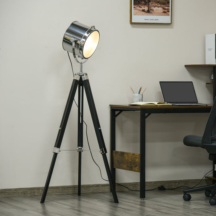 Industrial Tripod Floor Lamp - Adjustable Height 110-155cm, Steel Shade & Wooden Legs - Vintage Searchlight Style for Home and Office Decor