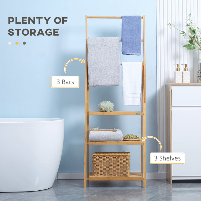 Bamboo Towel Stand with 3 Hanging Bars - Eco-Friendly Freestanding Rack with Storage Shelves - Space-Efficient Folding Design for Bathroom Organization