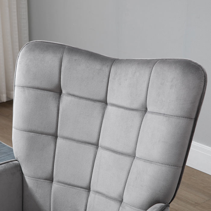 Velvet-Touch Tufted Wingback Armchair - Upholstered, Modern Leisure Lounge Club Sofa with Wooden Legs in Grey - Elegant Furniture for Stylish Comfort & Relaxation