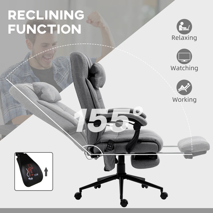 Ergonomic Reclining Office Chair with Vibration Massage and Heat - Fabric Desk Chair with Head Pillow, Footrest, and Armrest in Grey - Comfort for Long Hours at Work or Gaming