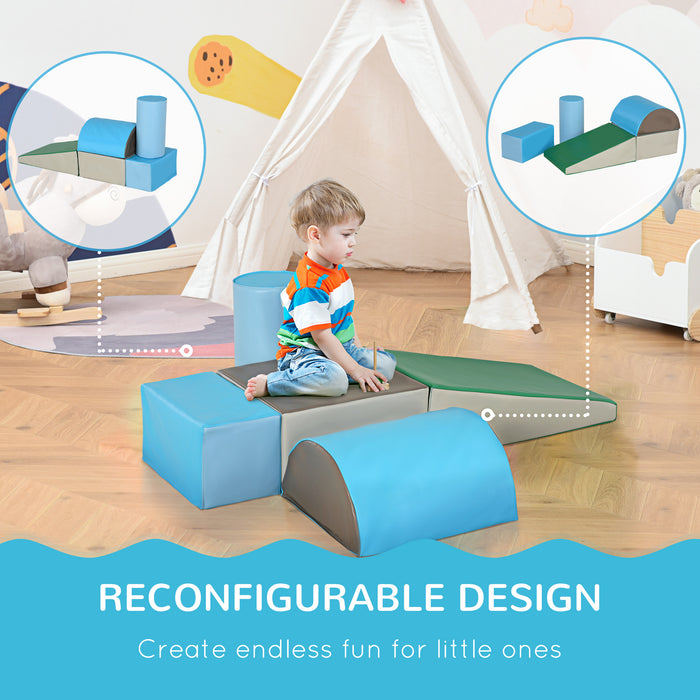 Kids 5-Piece PU Soft Climb & Crawl Playset - Toddler Friendly Foam Blocks in Blue/Green - Enhances Motor Skills & Creative Play