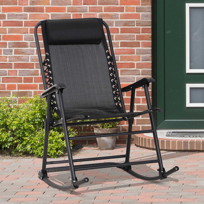 Outdoor Zero-Gravity Rocking Chair - Adjustable Folding Seat with Headrest for Comfort - Perfect for Patio, Deck, Camping, and Fishing, Black