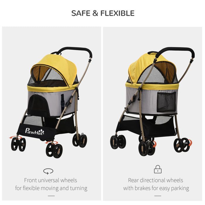 Detachable 3-in-1 Pet Stroller - Foldable Dog and Cat Travel Carriage with Universal Wheel Brake, Canopy, and Storage Basket - Convenient Transportation for Pets, Yellow