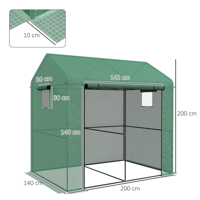 Walk-in Garden Greenhouse with Roll-up Door - Sturdy Grow House with Ventilating Mesh Windows, 200x140x200 cm - Ideal for Planting and Protecting Flora