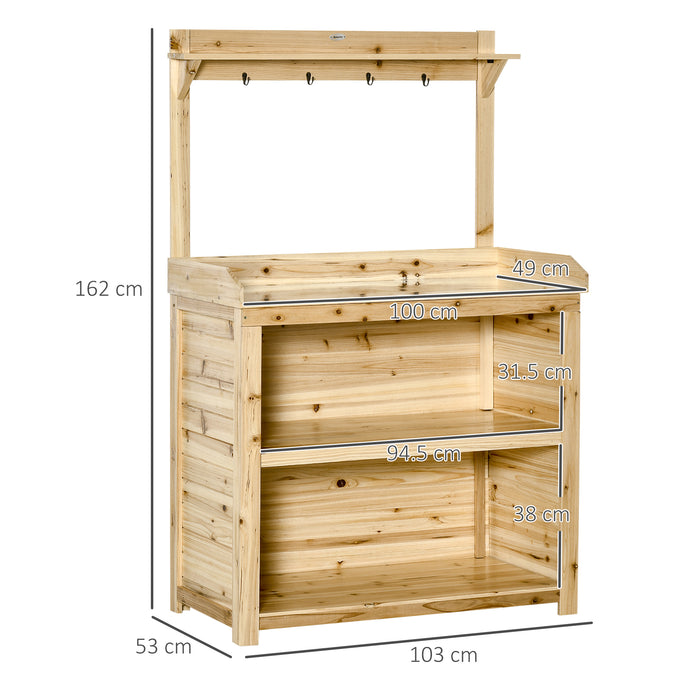 Wooden Garden Potting Bench - Galvanized Metal Workstation with Storage Shelves & Hooks - Ideal for Gardeners & Outdoor Planting