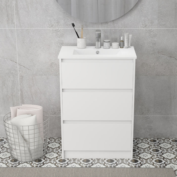 High Gloss White 600mm Vanity Unit with Basin - Sleek Floor Standing Bathroom Sink, Single Tap Hole - 2 Drawer Storage for Modern Home Restrooms
