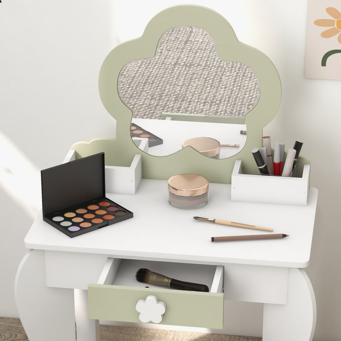 Kids Flower Vanity Set - Mirror, Stool, Drawer & Storage Boxes for Beauty Play - Perfect for Ages 3-6, White Design