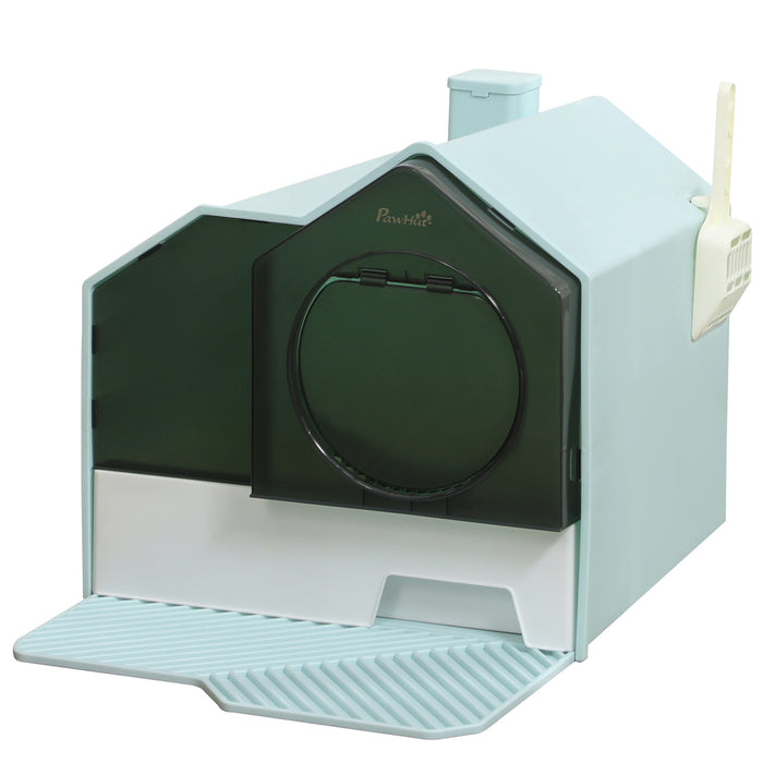 Hooded Cat Litter Box with Scoop - Durable Light Blue Enclosure with Odor Control - Perfect for Privacy & Easy Cleaning
